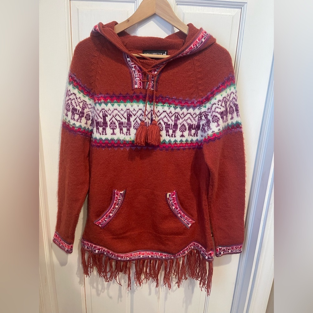 Alpaca Connection Handmade  Hooded Sweater with Fringe L